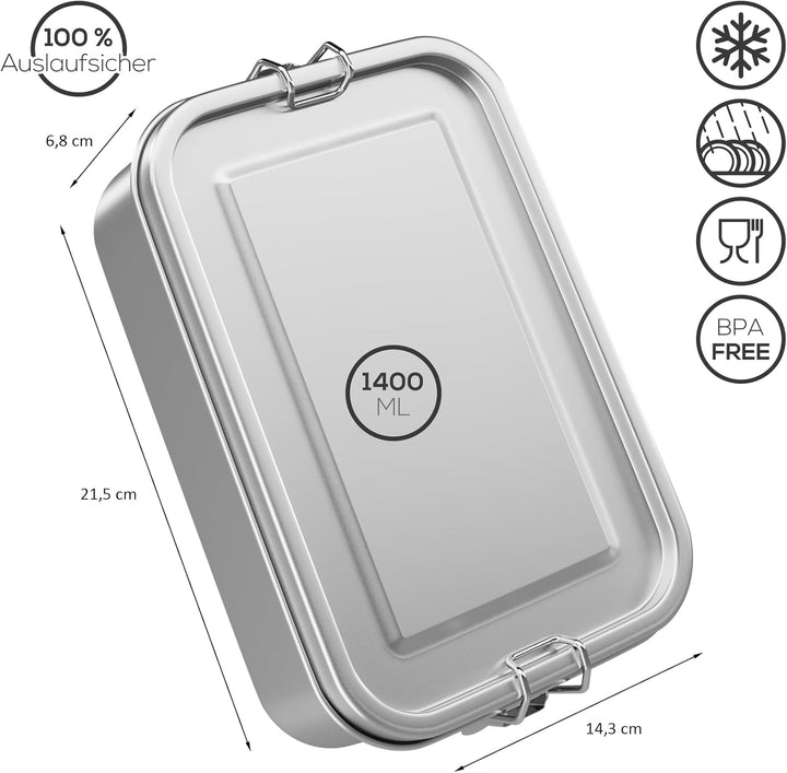 WELLGRO Edelstahl Dosen eckig - 550ml 850ml 1400ml 2400ml auslaufsicher Metall Brotdose Lunchbox, Ka