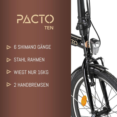 PACTO Ten Klapprad 20 Zoll mit Schnelles Faltsystem (10 Sek), Stahlrahmen, Leichtgewicht (16KG), Shi