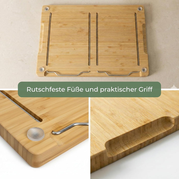 Schneidebrett aus Bambus extra gross und ausziehbar inkl. Auffangschalen aus Edelstahl und Ablage au