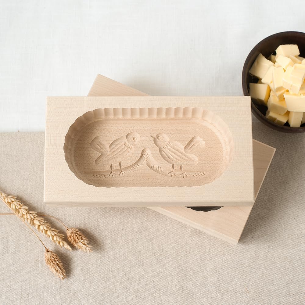 2X HOFMEISTER® Butterform, für 250 g Butter, 19 cm, 2 Vögel, handgeschnitzt in Deutschland, Butter-F