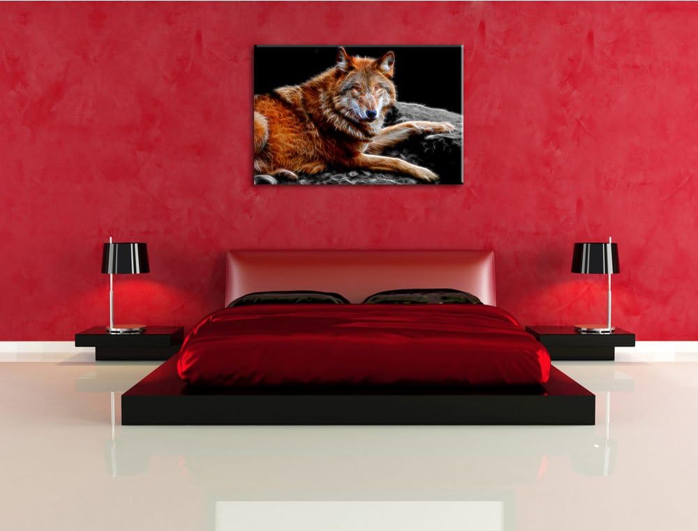 Dark stolzer Wolf auf Stein schwarz/weiss Deluxe Format: 100x70 cm auf Leinwand, XXL riesige Bilder