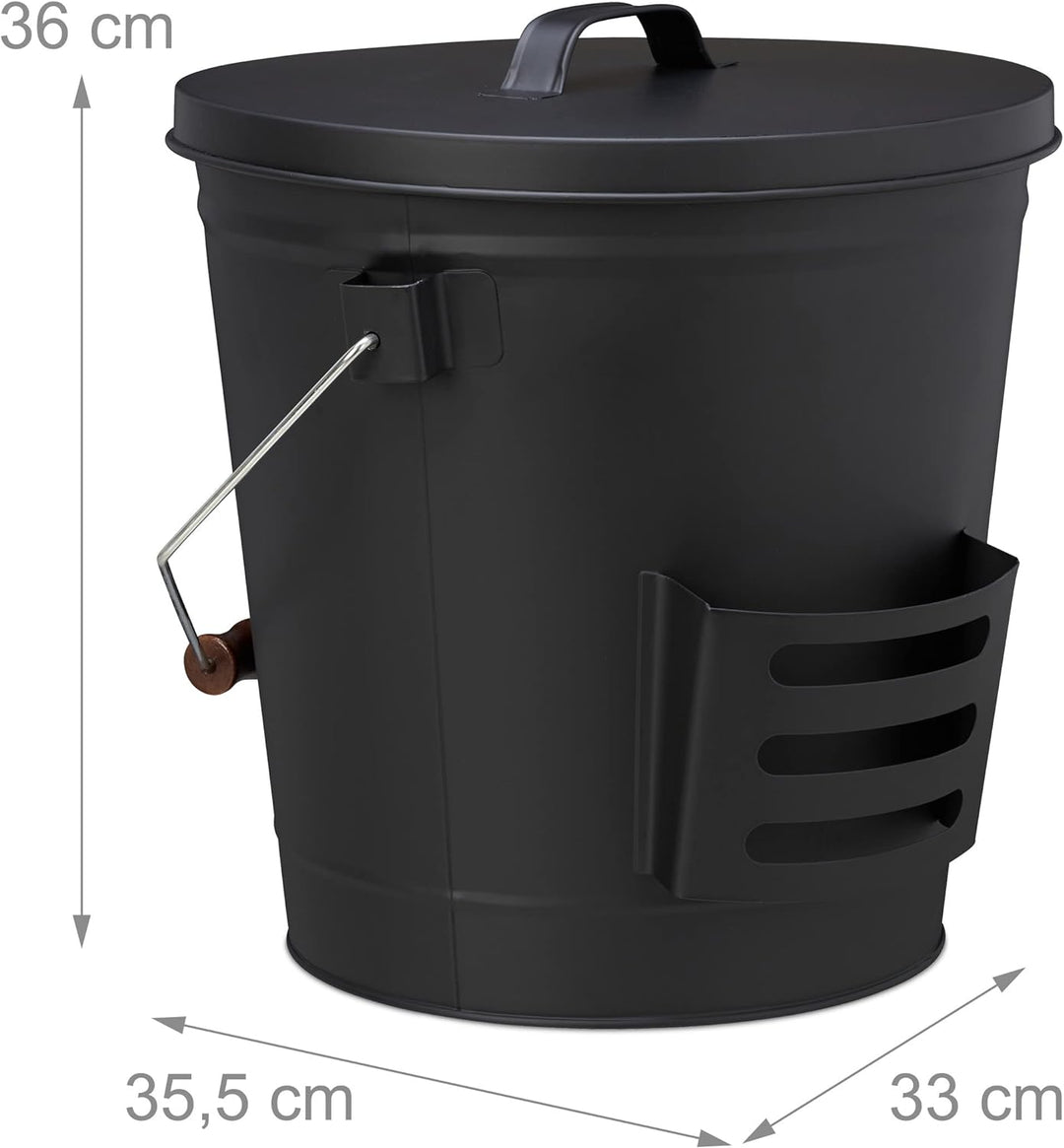 Relaxdays Ascheeimer mit Deckel und Kehrset, 19 L, inkl. Aschebesen & Kaminschaufel, Aschebehälter m