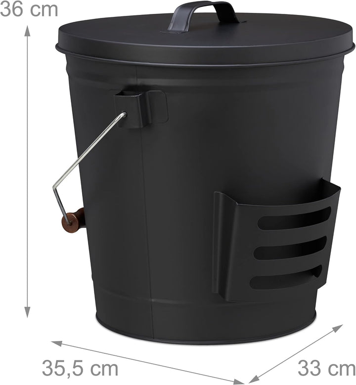 Relaxdays Ascheeimer mit Deckel und Kehrset, 19 L, inkl. Aschebesen & Kaminschaufel, Aschebehälter m