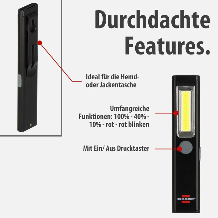 Brennenstuhl LED Akku Handleuchte PL 200 AC/LED Taschenlampe mit COB LED (200lm, inklusive USB C Lad