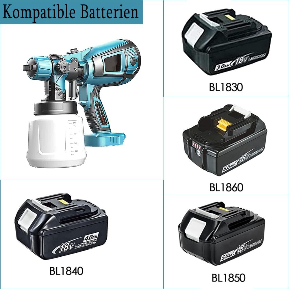 Akku-Farbsprühsystem für Makita 18V Akku, 1000ml Behälter Farbsprühgerät, mit 3 Düsen und 3 Spritzmu