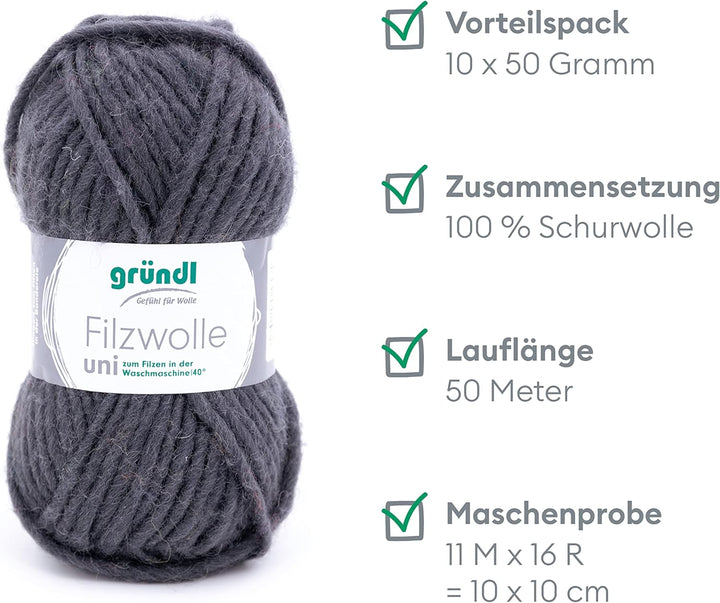 Gründl Filzwolle uni (Wolle zum Filzen, Stricken und Häkeln, Garn aus 100 % Schurwolle, 50 g / 50 m,