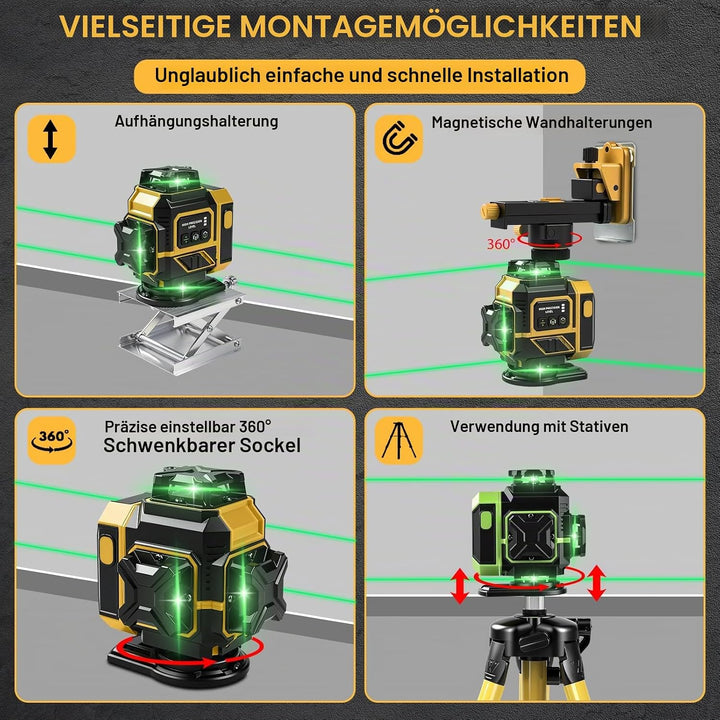 Kreuzlinienlaser mit Stativ 1M, Linienlaser 16 Linien 4D, 4x360 Grad Grün Selbstnivellierend Laser W