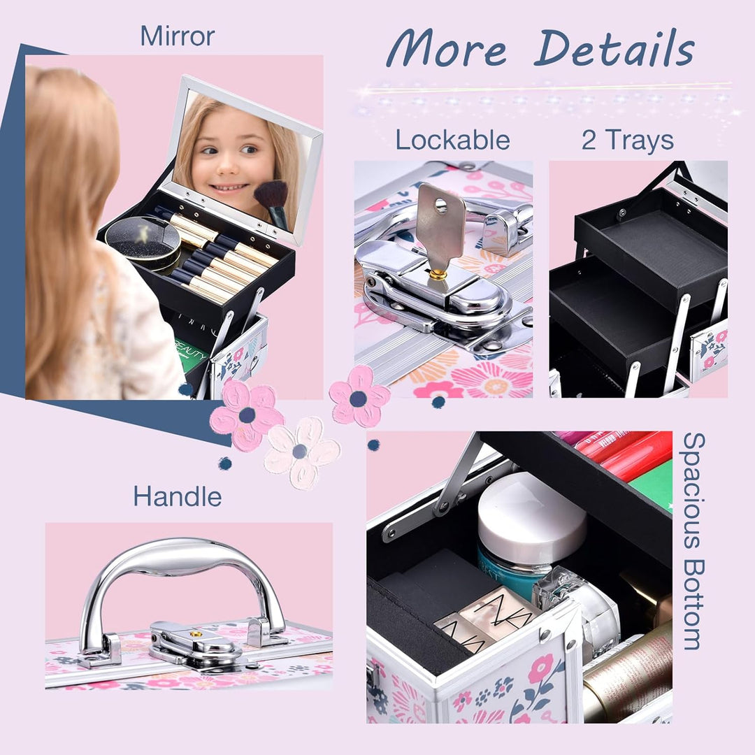 Kosmetikkoffer Schminkkoffer Schmuckkoffer Kosmetik-Makeup-Koffer mit Spiegel Pink, Blumen Blumen Ro