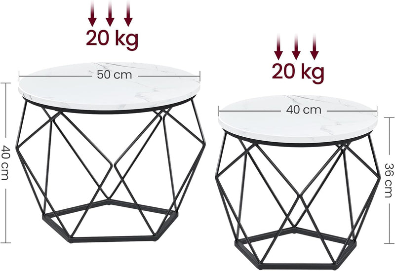 VASAGLE Couchtisch rund, 2er Set, Wohnzimmertisch, Beistelltisch, modern, abnehmbare Tischplatte, fü