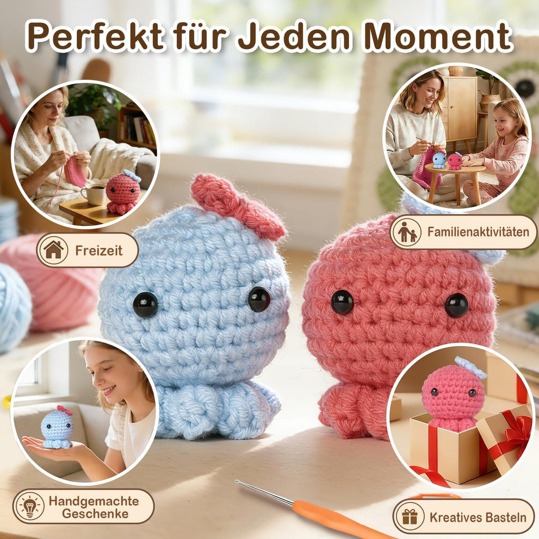 Ktmeor Häkelset für Anfänger, Häkeltier-Set, 2 Oktopus für Erwachsene und Kinder, mit Schritt-für-Sc