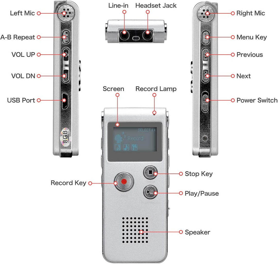 Lychee 8GB LCD Bildschirm Digitales Diktiergerät Aufnahmegerät Sprachaufnahme Audiorekorder Voice Re