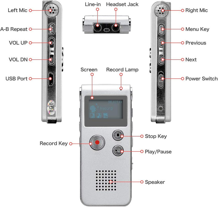 Lychee 8GB LCD Bildschirm Digitales Diktiergerät Aufnahmegerät Sprachaufnahme Audiorekorder Voice Re