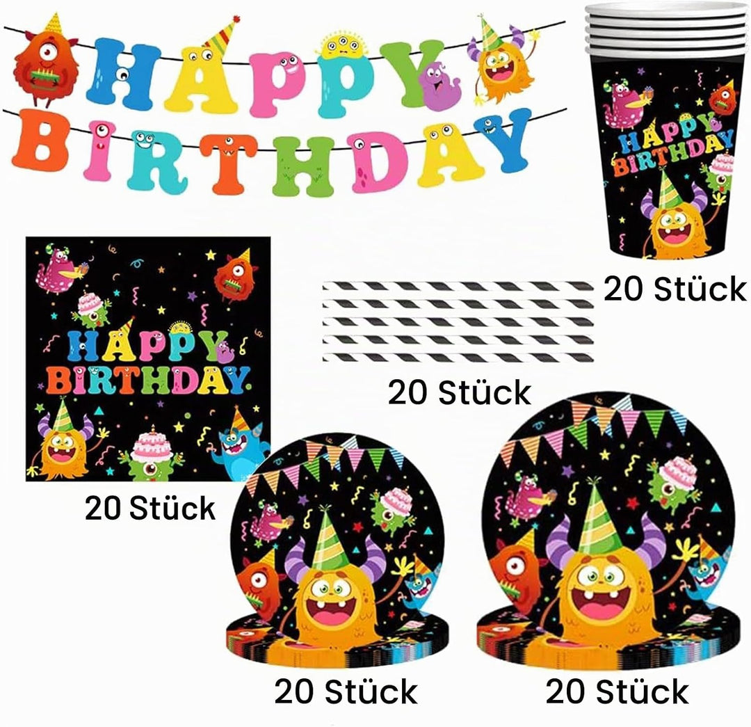 JUMXBUM 101 Stück Monster Geschirr, für 20 Gäste, Monster Geburtstags Geschirr Set, für Kinder Kinde