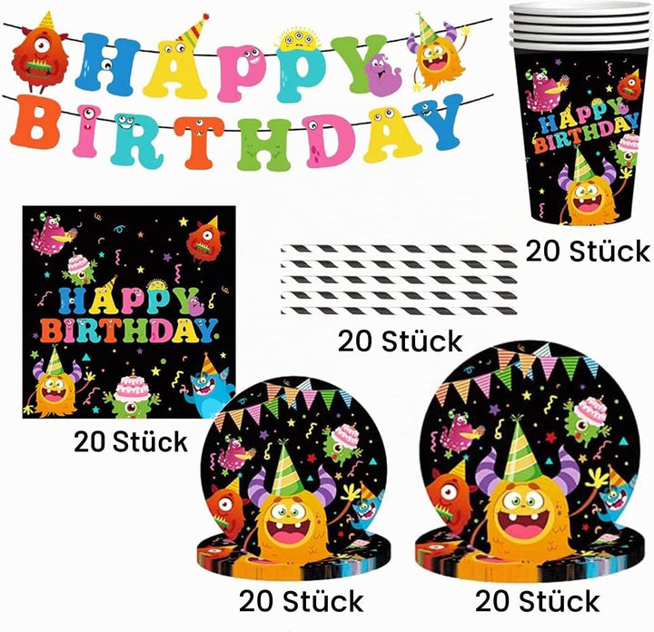JUMXBUM 101 Stück Monster Geschirr, für 20 Gäste, Monster Geburtstags Geschirr Set, für Kinder Kinde