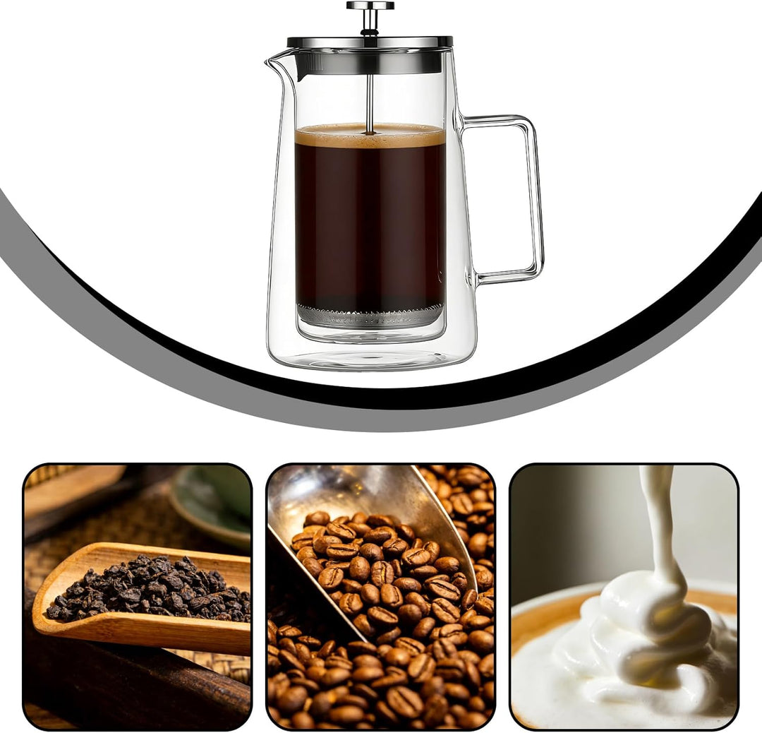BORDEAG Kaffeebereiter Glas, 113 x 102 x 220mm French Press Edelstahl, French Press 1 Liter, Kaffeep