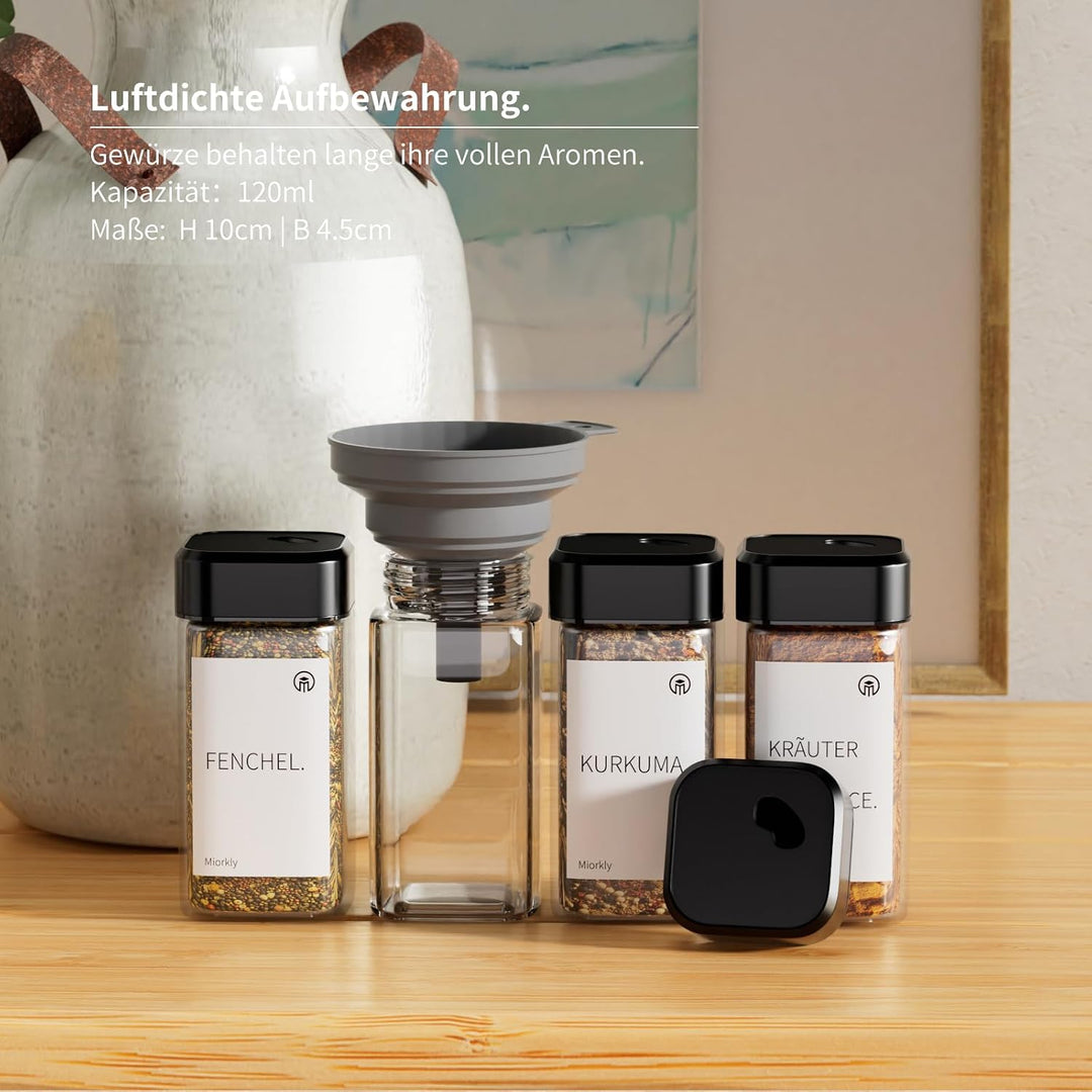 24 Gewürzgläser Eckig mit Drehdeckel,Gewürzstreuer Glas 120 ml - Gewürzdosen Set Starke Versiegelung