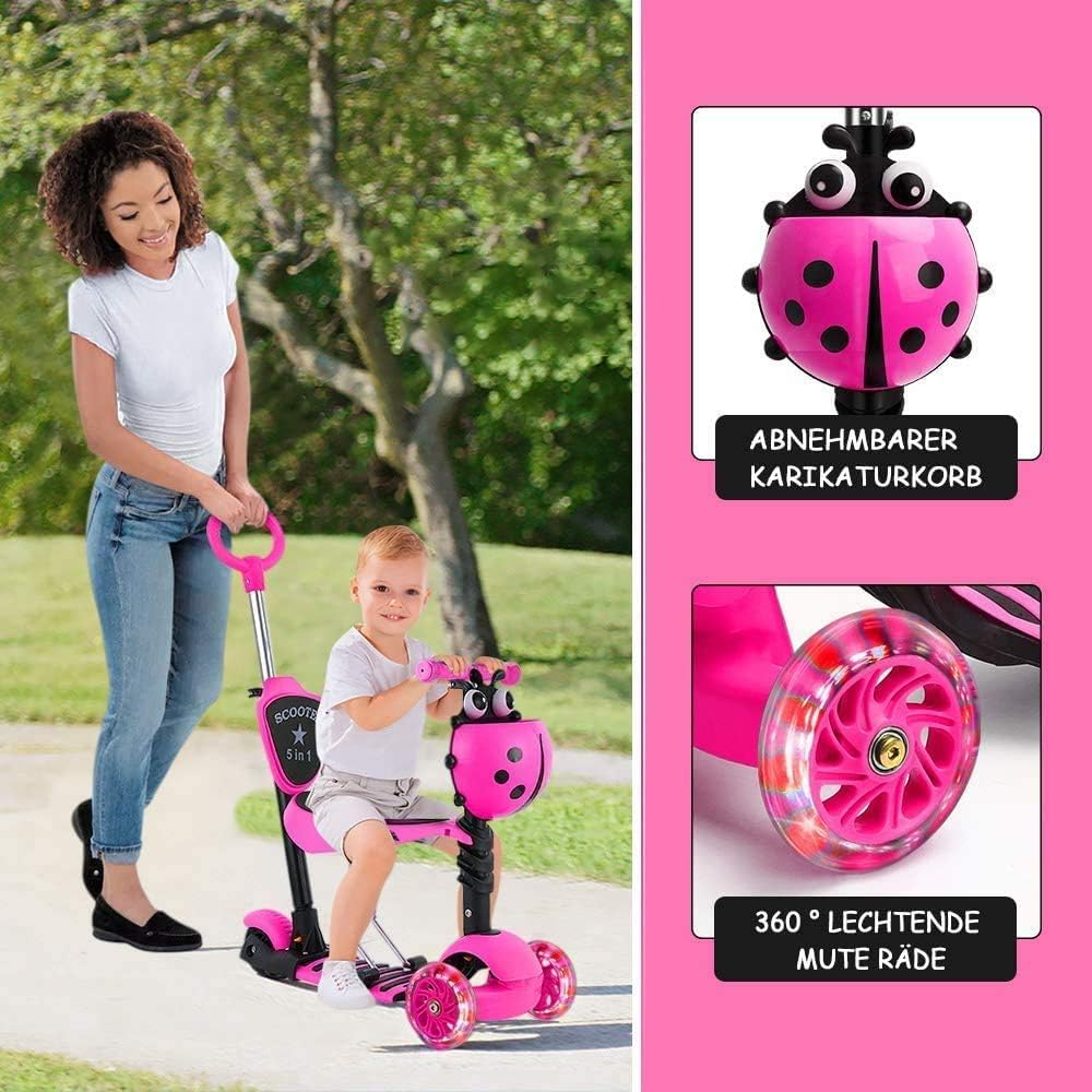 YOLEO 5-in-1 Kinder Roller Scooter mit Abnehmbarer Karikaturkorb Sitz Schubstange LED grosse Räder B