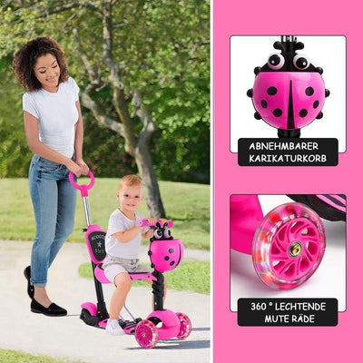 YOLEO 5-in-1 Kinder Roller Scooter mit Abnehmbarer Karikaturkorb Sitz Schubstange LED grosse Räder B