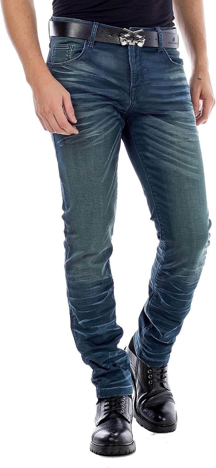 Cipo &amp; Baxx Herren Jeans Hose 5 Pocket Design Straight Vintage Denim Slim Fit Hose, Grün