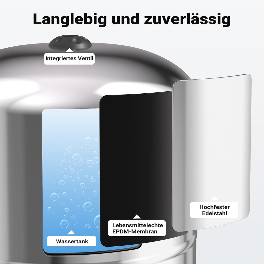 Edelstahl 100 l Ausdehnungsgefäss für Hauswasserwerke und Druckerhöhungsanlagen mit EPDM Membran