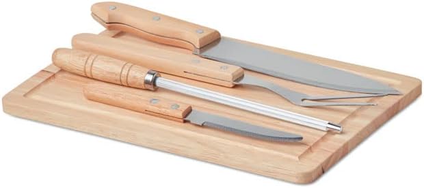 Hochwertiges Edelstahl Grill-BBQ-Set aus 5 Teilen mit Messern, Schneidebrett, Schärfer und Gabel - S