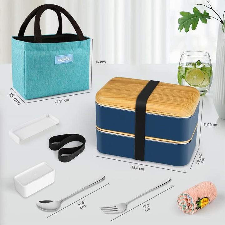 Bento Box, Lunchbox Brotdose mit Fächern 2 Ebenen mit 2 Stück Umweltfreundlichen PP & Edelstahlbehäl