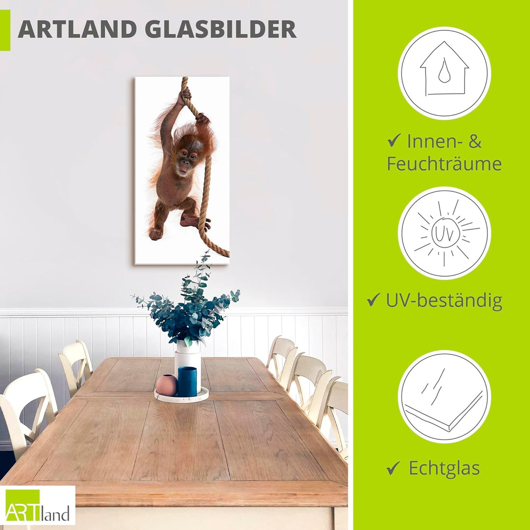 ARTland Glasbilder Wandbild Glas Bild einteilig 30x60 cm Hochformat Asien Tiere AFFE Baby Orang Utan