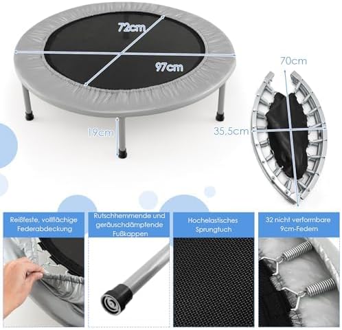 FANTASK φ97cm Mini Trampolin, Fitness Trampolin faltbar, Kindertrampolin bis 150kg belastbar