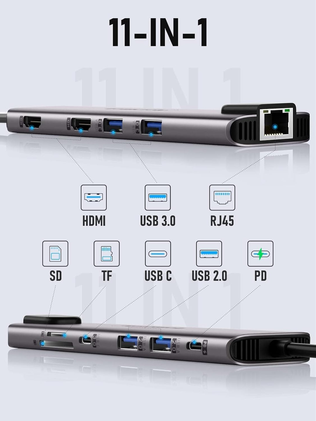 Aluminium Docking Station USB C Hub 2 HDMI, Gigabit Ethernet, 4 USB A, USB C 3.0, PD100W, SD TF, 100