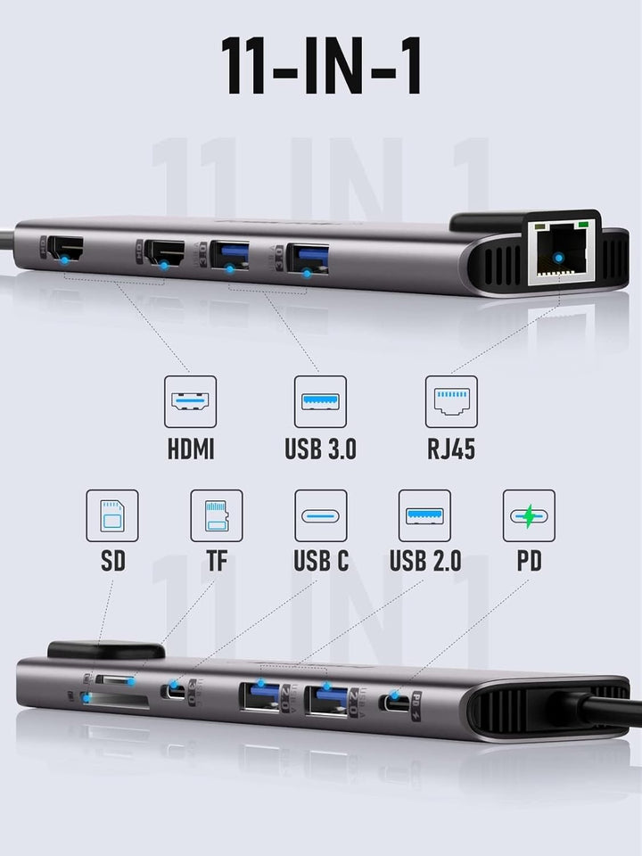 Aluminium Docking Station USB C Hub 2 HDMI, Gigabit Ethernet, 4 USB A, USB C 3.0, PD100W, SD TF, 100