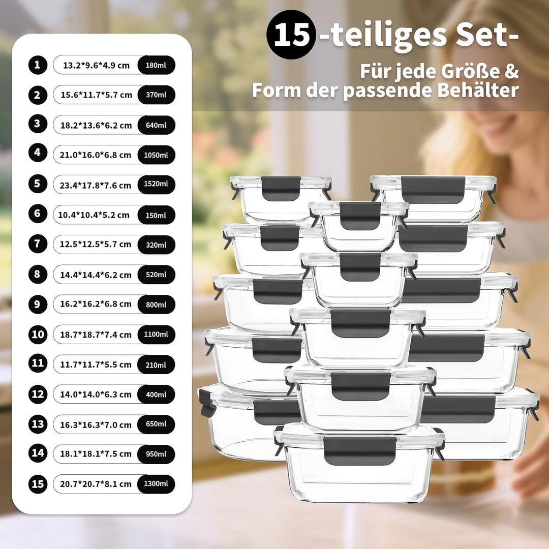 Meal Prep Boxen Glas, Glasdosen mit Deckel Set, Frischhaltedosen Glas mit Auslaufsicherer Verschluss