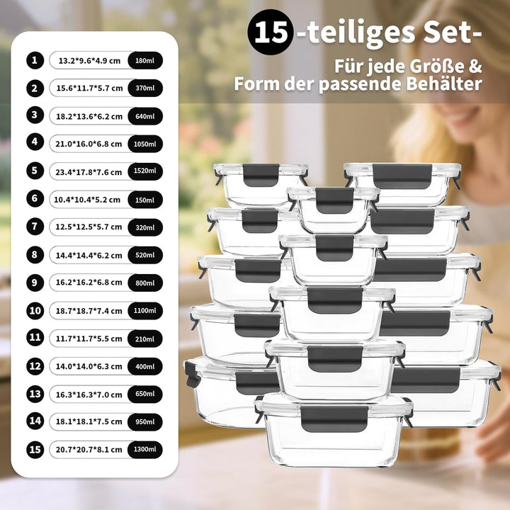 Meal Prep Boxen Glas, Glasdosen mit Deckel Set, Frischhaltedosen Glas mit Auslaufsicherer Verschluss