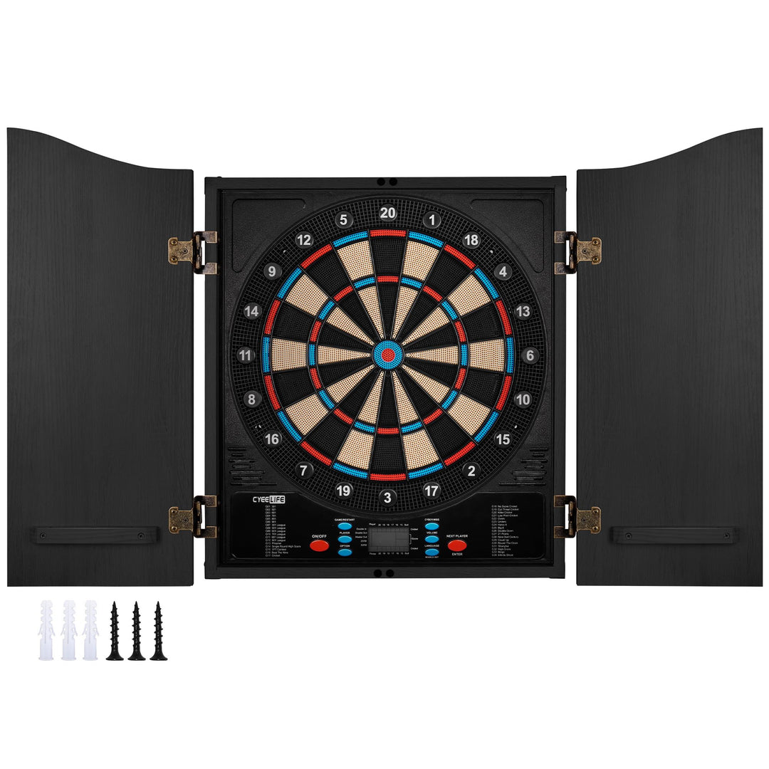 CyeeLife Elektronisch Dartscheibe mit Holzkiste Kabinette und 12 Dartpfeile Set