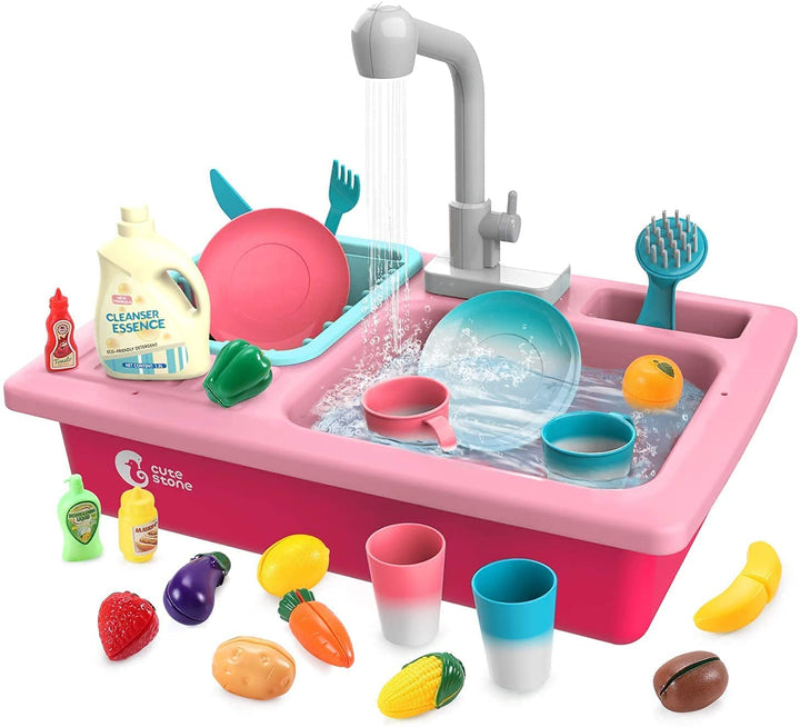 cute stone Küchenspüle Spielzeug Set mit warmbarem Wasser-Recycling Wasserhahn und Waschbecken, Wärm