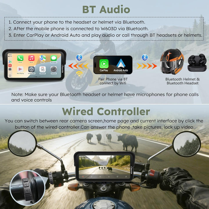 Carpuride W603DT für Motorrad mit CarPlay, Android Auto und TPMS–HD 1080p Dashcam, 6,3-Zoll-Touchscr