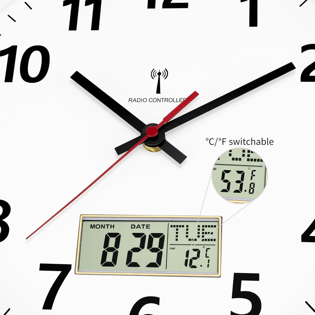 Foxtop Wanduhr Funk Analog 30cm Digitale Wanduhr mit Temperatur und Datum LCD-AnzeigeUhr für Küche,