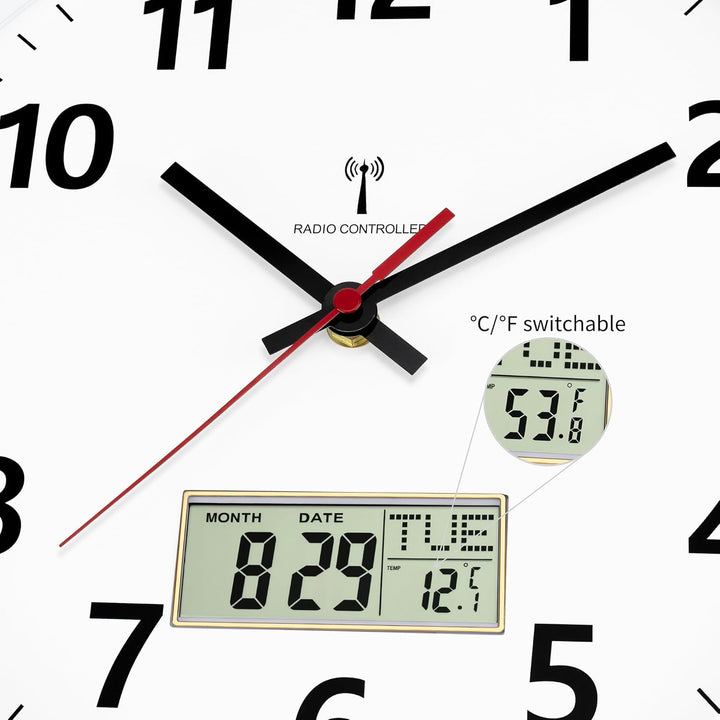 Foxtop Wanduhr Funk Analog 30cm Digitale Wanduhr mit Temperatur und Datum LCD-AnzeigeUhr für Küche,