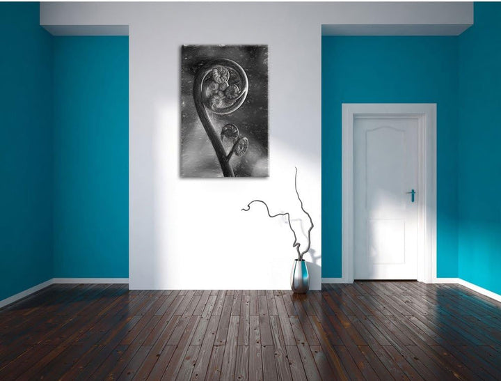 Pixxprint Blatt von Einer Farne im Wald / 100x70cm Leinwandbild bespannt auf Holzrahmen/Wandbild Kun