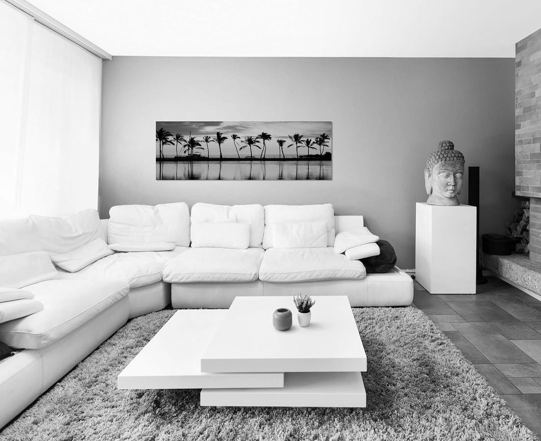 Leinwandfoto als Panorama SCHWARZ/Weiss 150x50cm Hawaii Strand Meer Palmen Sonnenuntergang