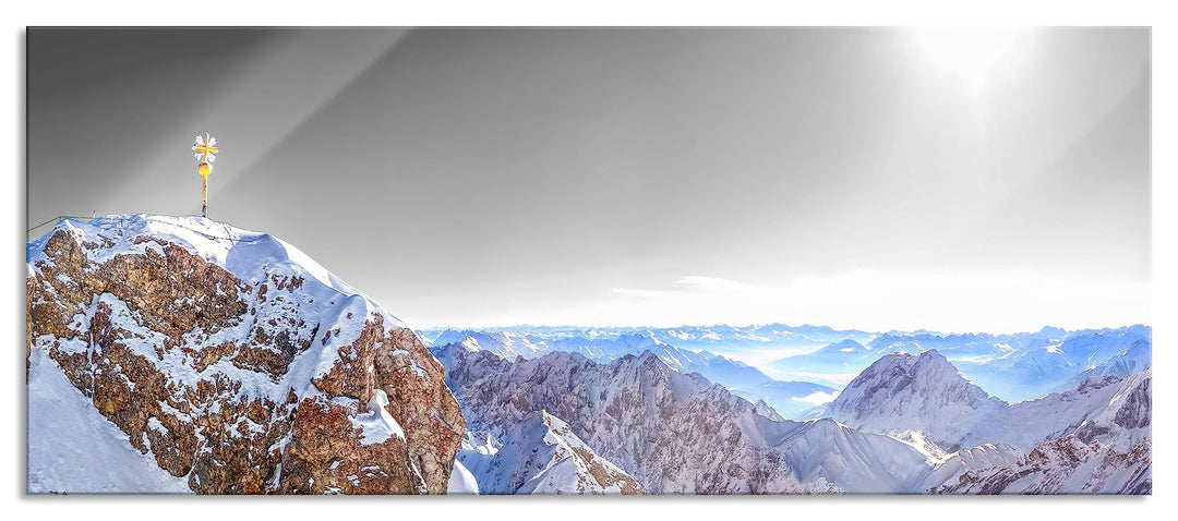 Glasbild Panorama | Wandbild aus Echtglas | Zugspitze im Sonnenlicht | 100x40 cm | inkl. Aufhängung