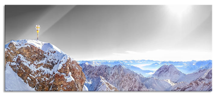 Glasbild Panorama | Wandbild aus Echtglas | Zugspitze im Sonnenlicht | 100x40 cm | inkl. Aufhängung