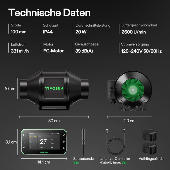 VIVOSUN Rohrventilator 100mm Abluftventilator 331m³/h mit EC-Motor und GrowHub E42A WLAN-Controller
