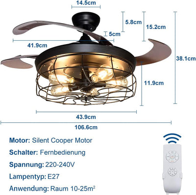 Depuley LED Deckenventilator mit Beleuchtung und Fernbedienung, Deckenleuchte Industrial mit Timer,