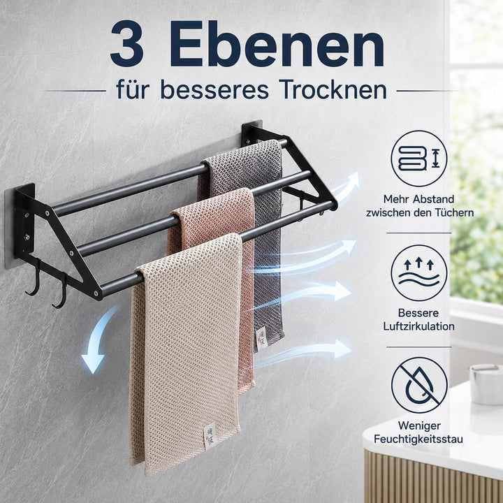 Handtuchhalter Bad 3-lagig Ohne Bohren, 34.5-62cm Ausziehbarer Handtuchstange Schwarz, Edelstahl Bad