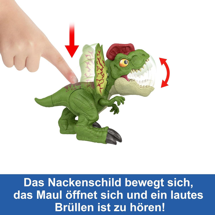 JURASSIC WORLD Dilophosaurus - Dinosaurierspielzeug mit Geräuschen und Pfeilen für wilden Kampfspass