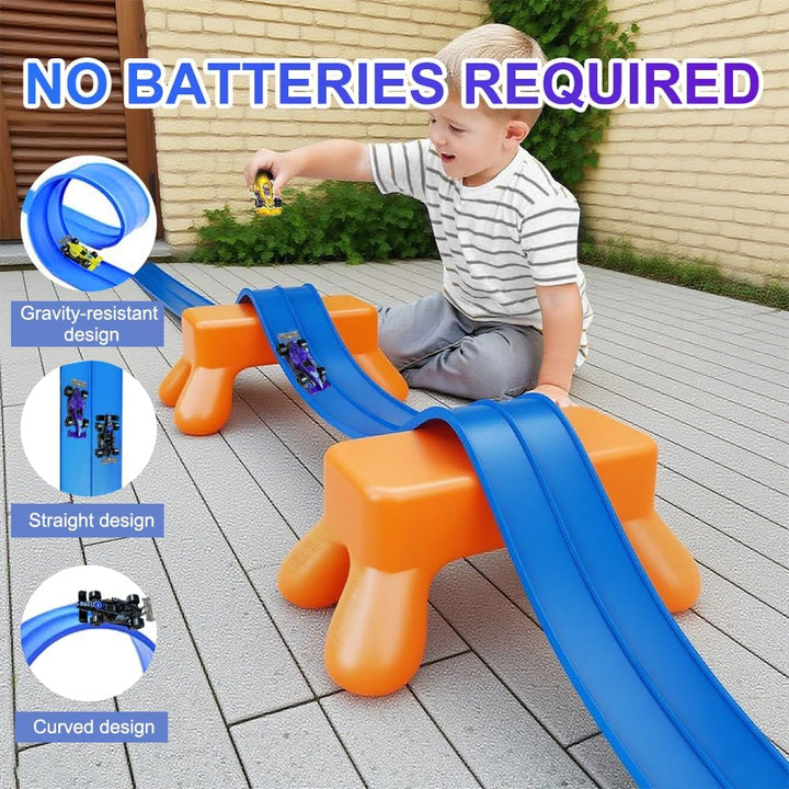 Tragbare Rennbahn für Kinder 5 Meter Flexible Dual-Rennstrecke mit 4 Leichtmetall-Autos, Rampen & Au