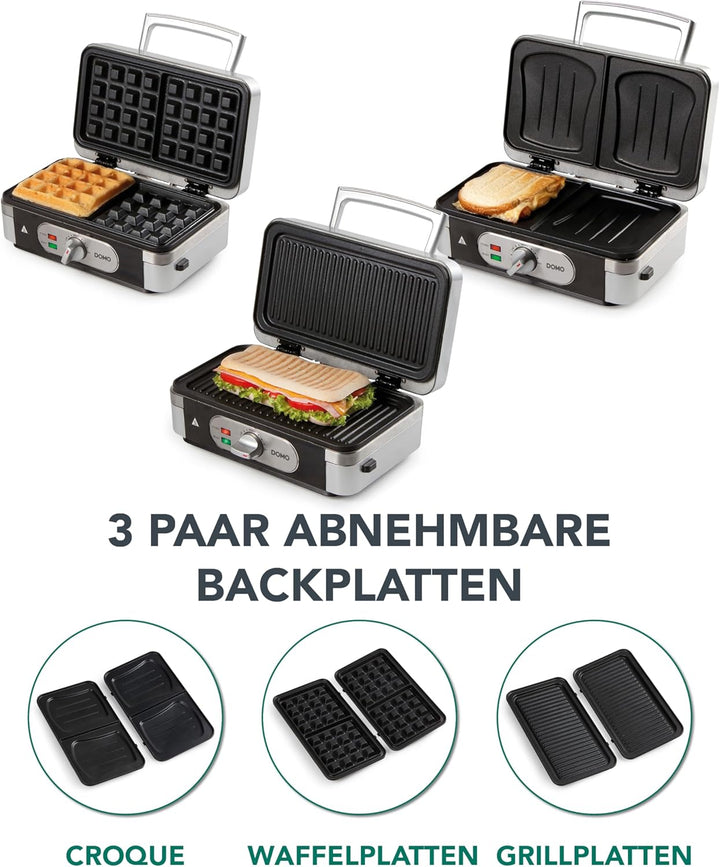 Domo DO9136C Sandwichtoaster 3-in-1, 1 Liter, Silber, Schwarz