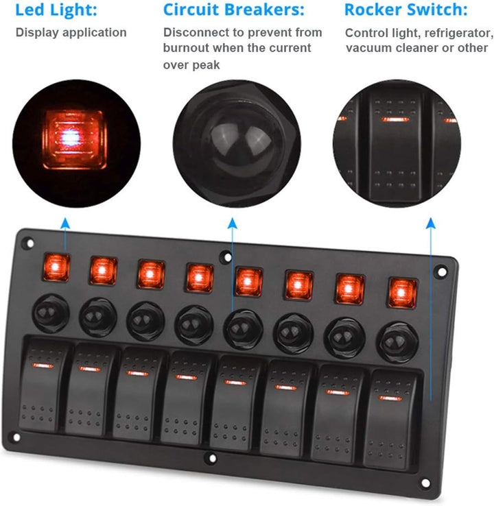 Geloo Marine Boat Toggle Rocker Switch Panel 8 Gang ON-Off Zündschalter wasserdicht 12V/24V Leistung