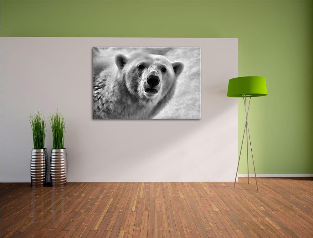 Pixxprint wachsamer Eisbär / 100x70cm Leinwandbild bespannt auf Holzrahmen/Wandbild Kunstdruck Dekor
