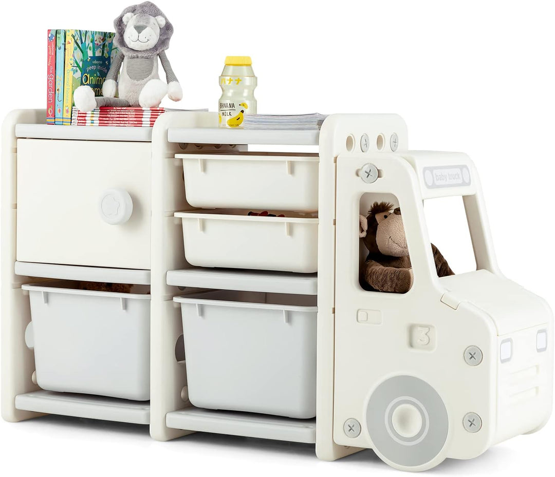 GOPLUS Kinderregal in Autoform, Multifunktionales Spielzeugregal mit 4 Boxen & 1 Schrank, Aufbewahru